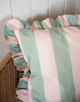 Outdoor Striped Ruffle Cushion Cover / Green & Pink / 45 x 45 cm