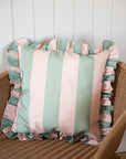 Outdoor Striped Ruffle Cushion Cover / Green & Pink / 45 x 45 cm