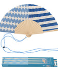 Blue Line / Wave Print Wooden Hand Fan