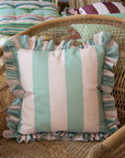 Outdoor Striped Ruffle Cushion Cover / Green & Pink / 45 x 45 cm