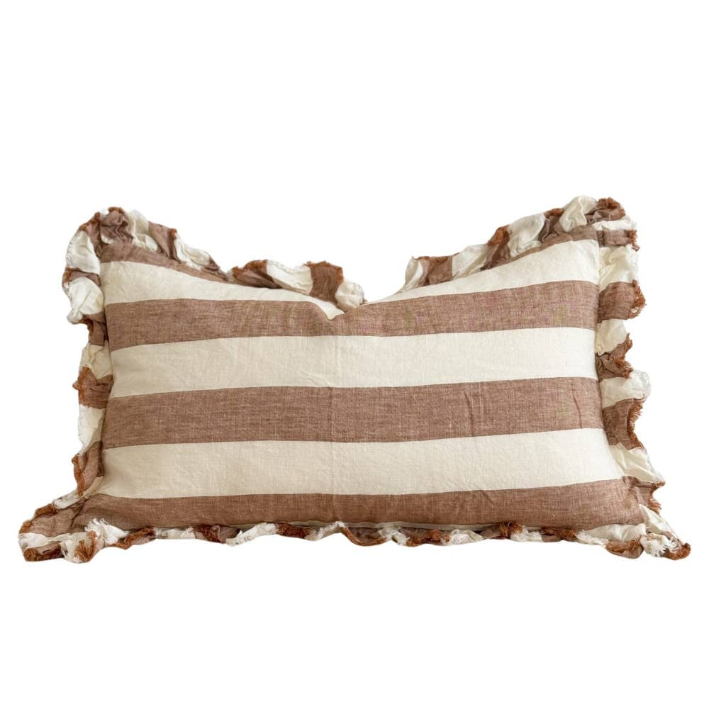 Linen Ruffle Cushion Cover / Rust Wide Stripe / 50 x 30 cm