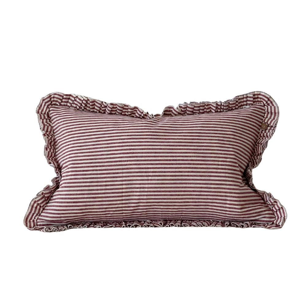 Cotton Ruffle Cushion Cover /Burgundy Stripe / 50 x 30 cm