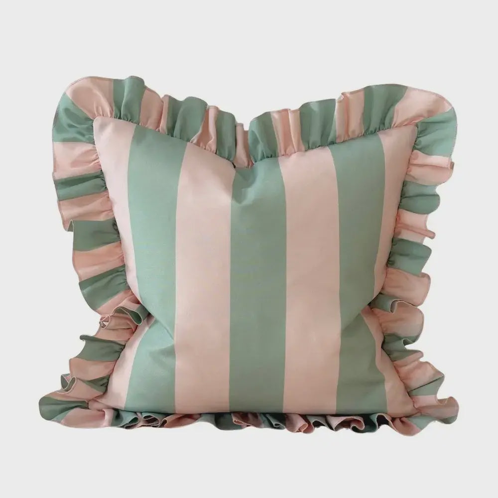 Outdoor  Striped Ruffle Cushion Cover / Green &amp; Pink / 45 x 45 cm