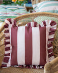 Outdoor Striped Ruffle Cushion Cover /  Burgundy & Pink / 45 x 45 cm