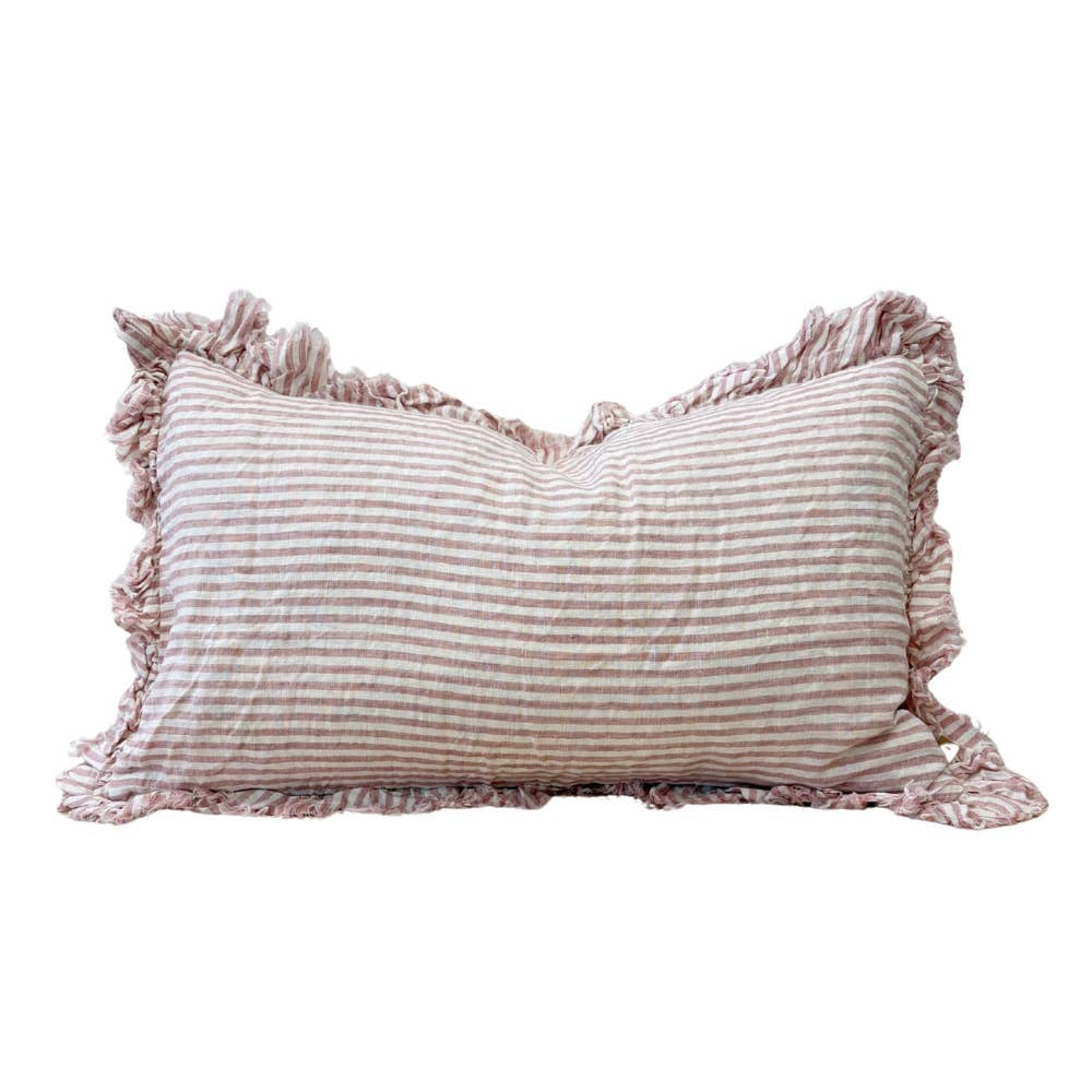 Linen Ruffle Cushion Cover / Pink Stripe / 50 x 30  cm