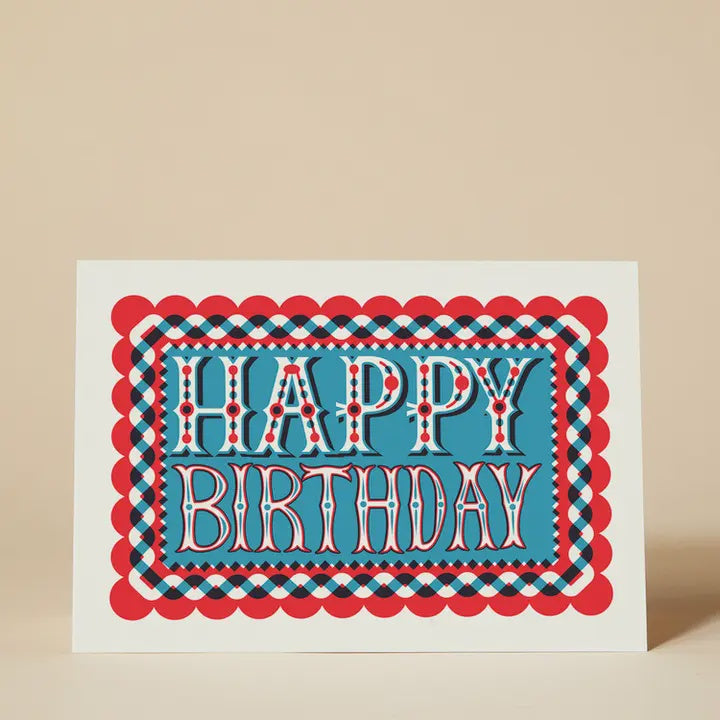 Happy Birthday Linocut Greeting Card / Red and Blue