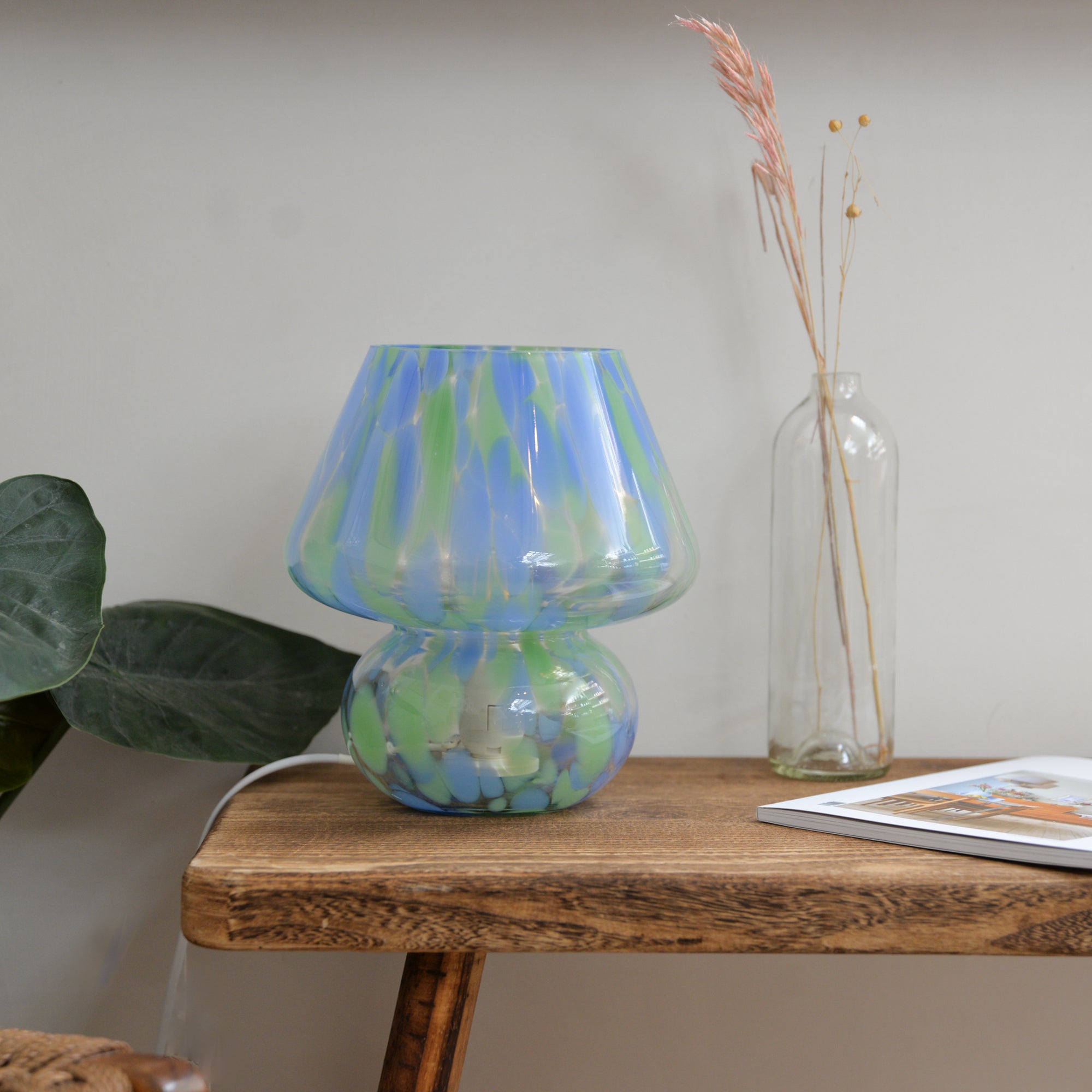 Large Glass Mushroom Lamp / Mint Green and Blue
