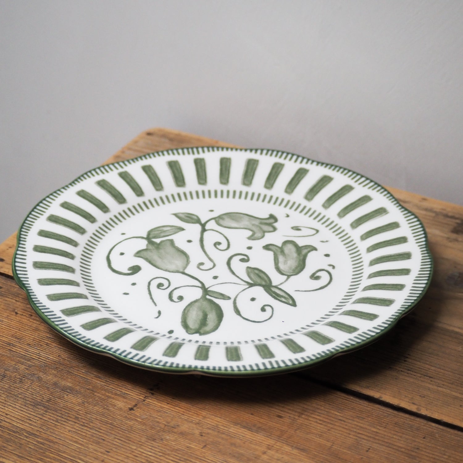 French Porcelain Scalloped Floral Lunch Plate / Green