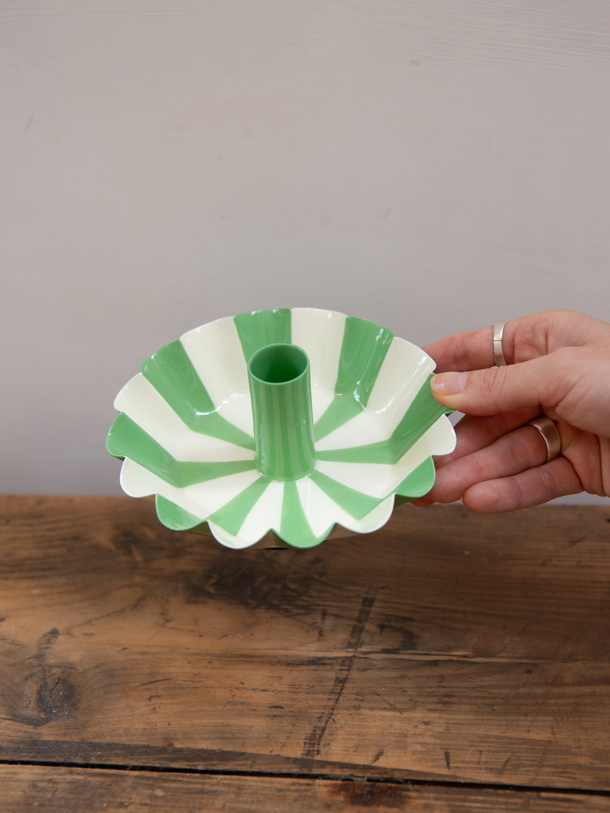 Enamel Candle Holder / Green Stripe