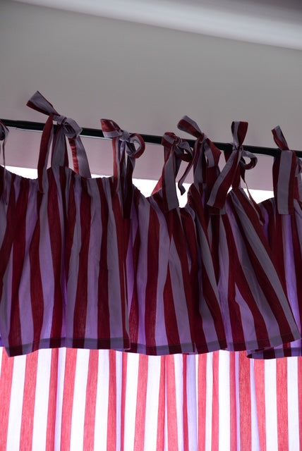 Pair of Ruffle Topped Red and Lilac Striped Curtains